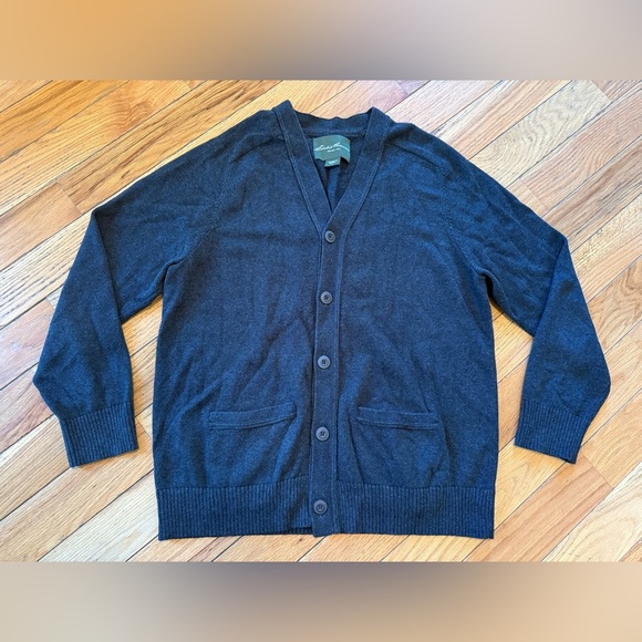 VTG Eddie Bauer Mens Size L Cotton Cashmere Cardigan Gray V Neck Button Grandpa - Picture 1 of 16